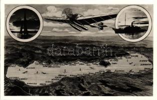Balaton, térkép, repülőgép, gőzhajó, vitorlás