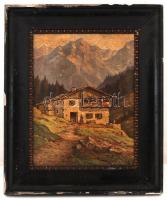 LA jelzéssel: Várakozás az alpesi völgyben, olaj, farost, sérült keretben, 39,5×30 cm