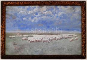 Szepessy jelzéssel: Nyáj a Hortobágyon, akvarell, papír, üvegezett fa keretben, 47×67 cm