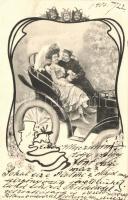 Romantic couple in horse carriage, floral Art Nouveau s: Ch. Scolik