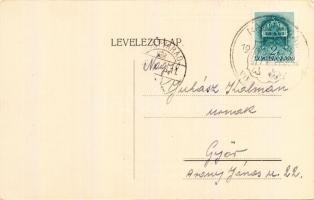 Győr, Régi tűztorony / Fehérvári kapu; képeslap a Pálffy és Schwarzenberg szobor javára 'Nagyvá...