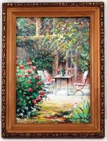 Turmayer Sándor (1897-1953): Nyári délután a lugasban, olaj, papír, jelzett, üvegezett fa keretben, ...