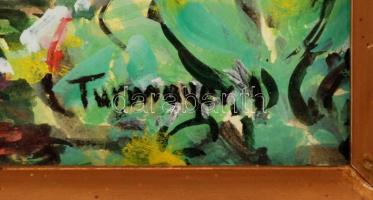 Turmayer Sándor (1897-1953): Nyári délután a lugasban, olaj, papír, jelzett, üvegezett fa keretben, ...