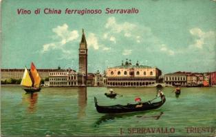 Venice, Venezia; Panorama da S. Giorgio e Gondola 'Vino di China ferruginoso Serravallo' litho