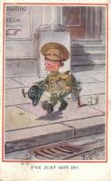 I&#039;ve just got in! / WWI British military humour, child, British Manufacturer No. 912. s: T. Crilson (fa)