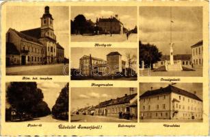 Somorja, Római katolikus templom, Horthy tér, Hengermalom, országzászló, Panter út, Gabonapiac, városháza / Roman catholic church, square, mill, flag, street, market, town hall (EB)