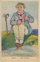 Szeret, nem szeret / Gentleman with flowers, frog, humour, Cecami N. 516. s: S. Didone