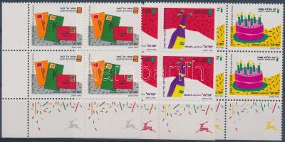 Üdvözlőbélyegek 3 ívsarki tabos négyestömb Greeting stamps in 3 corner blocks of 4 with tab