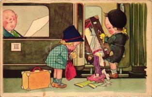 Humoros gyerek művészi képeslap, Amag 0434., Children couple, train, humour, Amag 0434.