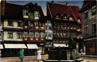 Braunschweig, Brunswick; Eulenspiegelbrunnen / fountain, shops (EK)