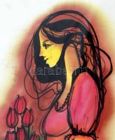 Macskássy Izolda (1945-): Lány virágcsokorral. Vegyes technika, selyem, üvegezett keretben, jelzett,...