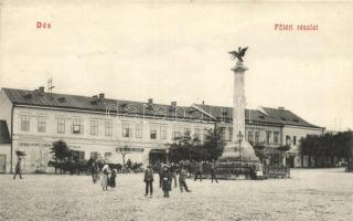 Dés, Fő tér, Európa szálloda, Fesztinger Sámuel és fia és Kallus Jakab üzlete, Ezredévi emlékoszlop / main square, hotel, shops, statue