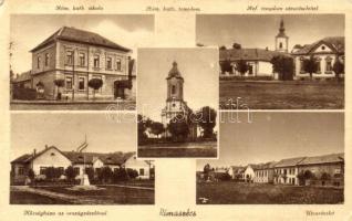 Rimaszécs, Római katolikus iskola és templom, Református templom, Községháza, országzászló, utca, Özv. Kovács Józsefné kiadása / Roman catholic church and school, Calvinist church, town hall, flag, street (EK)