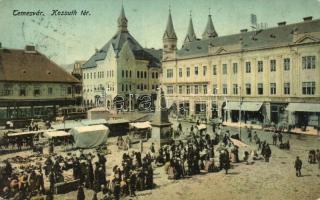 Temesvár, Kossuth tér, piac, Haring Gusztáv üzlete, villamos, emlékmű / square, market place, shop, tram, monument