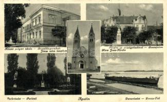 Apatin, Állami polgári iskola, Jézus szíve templom, országzászló, park, Duna, Sáfrány Ferenc kiadása / school, church, flag, park