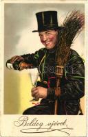 New Year, Chimney sweeper with bottle and glass of champagne, Paul Pittius postcard