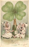 New Year, champagne, clover, clown, Emb. litho