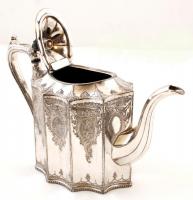 Ezüstözött fém kiöntő, jelzett, gazdagon díszített, karcolásokkal, m:18 cm, h:27 cm