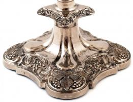 Ezüstözött fém gyertyatartó (öt ágú), jelzett, gazdagon díszített, m:26 cm, 28×28 cm