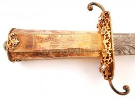 1987 Aranyazott ezüst (AG.) miniszteri dísztőr kovácsolt acél kétélű pengével, zománcozott hüvely, t...