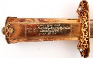 1987 Aranyazott ezüst (AG.) miniszteri dísztőr kovácsolt acél kétélű pengével, zománcozott hüvely, t...