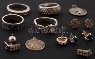 Vegyes ezüst tétel: gyűrűk, fülbevalók, medálok, kő berakásokkal, jelzettek, különböző méretben, öss...