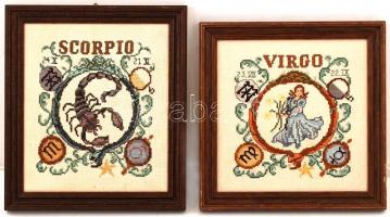3 db gobelin kép, fa keretben: Virgo csillagjegy, 20×20 cm; Scorpio csillagjegy, 22×19 cm; Virág cse...