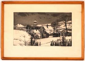 Gaál Domonkos (1940-2009): Tél. Rézkarc, papír, jelzett, üvegezett keretben, 20×28 cm