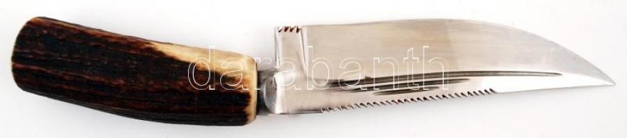 Agancs markolatú vadásztőr, hozzá való bőr tokban, pengehossz: 18 cm teljes hossz: 30,5 cm