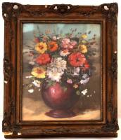 Jelzés nélkül: Virág csendélet, olaj, farost, kicsit sérült, üvegezett antik fa keretben, 38,5×28,5 ...