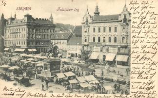 Zagreb, Jelacicev tér, piac, Adolf Bondy, Miroslav Bachrach és F. Rudovits üzlete / square, shops, market place