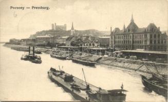 Pozsony, Pressburg, Bratislava; rakpart, gőzhajó, uszály / quay, steamship, barge (EK)