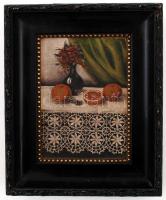 Jelzés nélkül: Csendélet asztalterítővel (naiv festmény). Olaj, karton, antik keretben, 12×8 cm