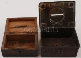 Régi díszes fém persely, kulcs nélkül, 12×9×5,5 cm + fém veretes régi fa persely, kulcs nélkül, 11,5...