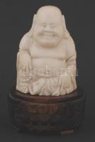 Nevető Buddha, antik elefántcsont szobor, jelzés nélkül, fa talapzaton, m: 14,5 cm /  Laughing Buddha, antique ivory statue on wooden pedestal, h: 14,5 cm