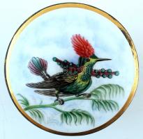 Madármotívummal díszített fedelű üveg bonbonier, kézzel festett, jelzés nélkül, kopásnyomokkal, d: 9...