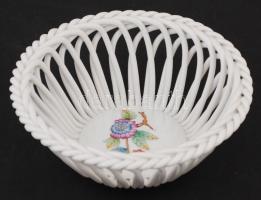 Viktória mintás áttört Herendi porcelán kosárka, kézzel festett, jelzett, hibátlan, d: 13 cm