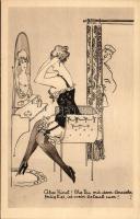 Dressing lady, humour, erotic art postcard