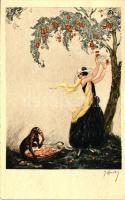 Italian art postcard, Lady with monkey, Italien Gravur 1964. s: J. Hardy