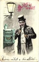 New Year, gentleman with letter, mail box, litho (EK)