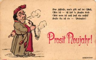 New Year, Pipe smoking man, humour, litho (EK)