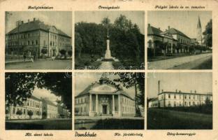 Dombóvár, Reálgimnázium, országzászló, Polgári iskola és Evangélikus templom, Járásbíróság, Dőry konzervgyár (EB)