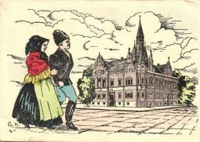 Karánsebes, Caransebes; Városháza, folklór / town hall, folklore s: Cs. B. (fa)