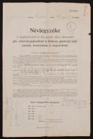 1917 Kitöltött nyomtatvány:  Névjegyzéke a meghatározott és bizonytalan időre felmentett gőz-,motorekegépészeknek és fűtőknek, gazdasági gépészeknek, kovácsoknak  és bognároknak.