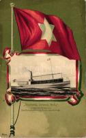 SS Sirály gőzös; Stephanie, Volosca. Ungarische-Kroatische See-Dampfschiffahrts-Aktien-Gesellschaft / Hungarian Croatian ship company, flag litho