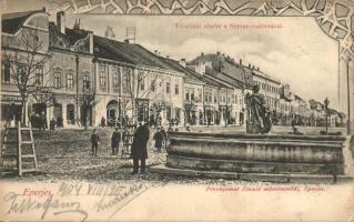 Eperjes, Fő utca, Neptun csatorna, Glattstein Henrik üzlete / Main street, fountain, shops (fl)