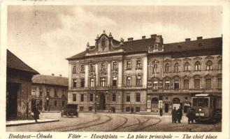 Budapest III. Óbuda, Fő tér, villamos, automobile, vendéglő, Elöljáróság, Gebhard József üzlete (ázott / wet damage)