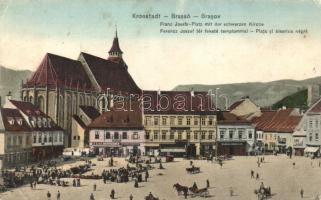 Brassó, Kronstadt; Ferenc József tér, Fekete templom, piac, A. Hesshaimer, Heinrich Wagner, Wilhelm Scherg és Duschow üzlete / square, church, market place, shops (r)