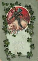 New Year, pig riding chimney sweeper, clover, litho (small tear)