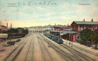 Cesky Tesín, Teschen; Zentralbahnhof / railway station, locomotive, timber cargo train (EB)